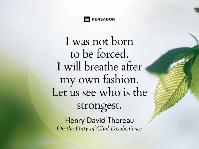 I was not born to be forced. I will breathe after my own fashion. Let us see who is the strongest.  Henry David Thoreau - On the Duty of Civil Disobedience