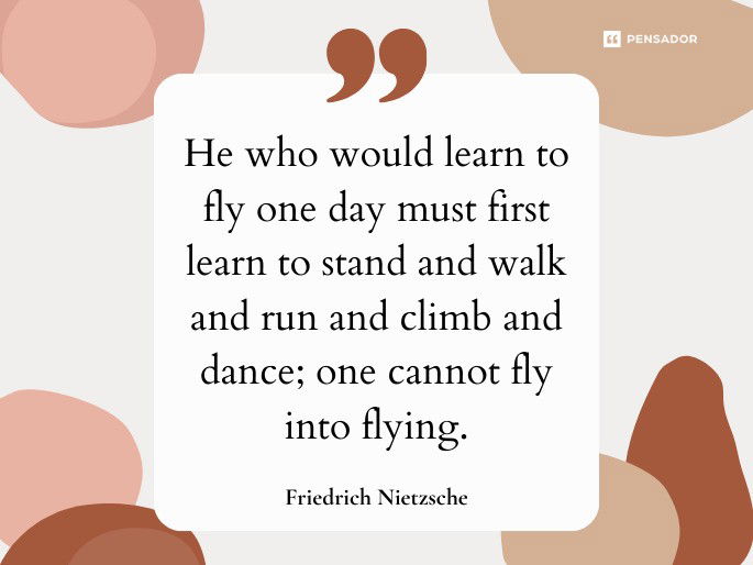 He who would learn to fly one day must first learn to stand and walk and run and climb and dance; one cannot fly into flying.  Friedrich Nietzsche