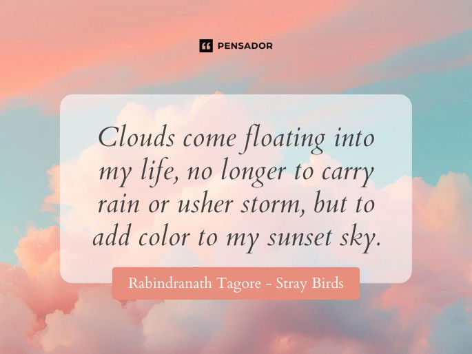 Clouds come floating into my life, no longer to carry rain or usher storm, but to add color to my sunset sky.  Rabindranath Tagore - Stray Birds