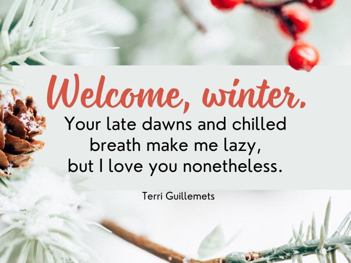 Welcome, winter. Your late dawns and chilled breath make me lazy, but I love you nonetheless.  Terri Guillemets