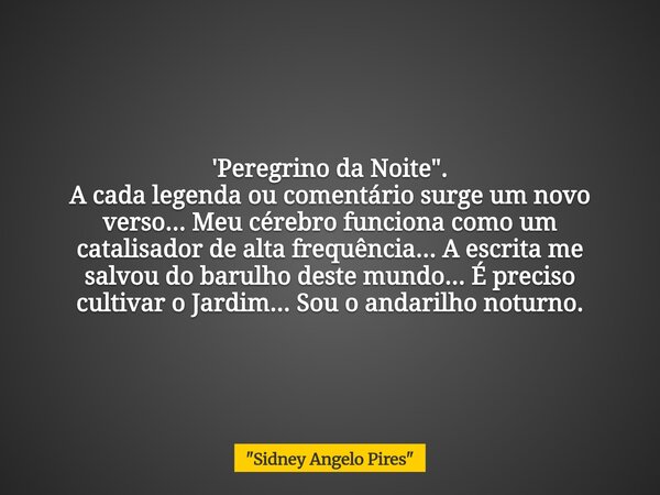 'Peregrino da Noite". A cada legenda ou comentário surge um novo verso... Meu cérebro funciona como um catalisador de alta frequência... A escrita me salvo... Frase de 34;Sidney Angelo Pires34;.
