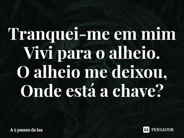 Tranquei-me em mim
Vivi para o alheio.
O alheio me deixou,
Onde está a chave?... Frase de A 5 passos da lua.