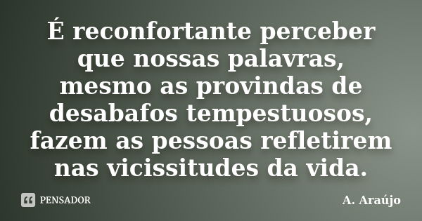 É reconfortante perceber que nossas palavras, mesmo as provindas de desabafos tempestuosos, fazem as pessoas refletirem nas vicissitudes da vida.... Frase de A. Araújo.