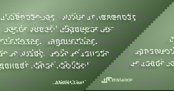 Liberte-se, viva o momento, seja você! Esqueça as tristezas, angustias, aproveite a vida, ela é curta e cada segundo fará falta!... Frase de Abdiel Leal.