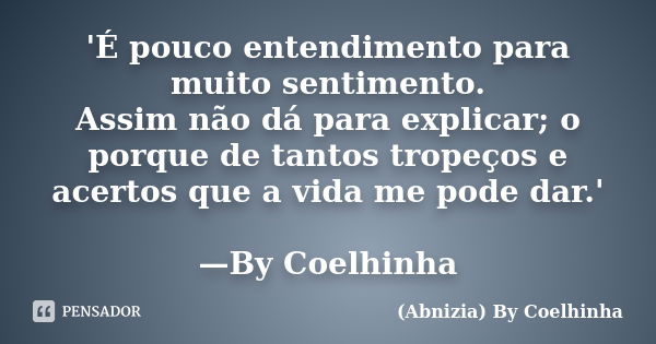 'É pouco entendimento para muito sentimento. Assim não dá para explicar; o porque de tantos tropeços e acertos que a vida me pode dar.' —By Coelhinha... Frase de (Abnizia) By Coelhinha.