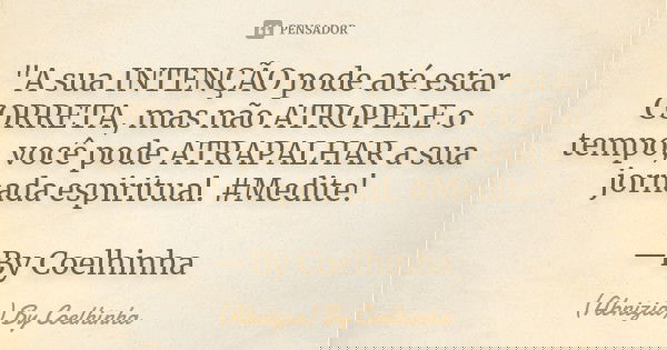 "A sua INTENÇÃO pode até estar CORRETA, mas não ATROPELE o tempo, você pode ATRAPALHAR a sua jornada espiritual. #Medite! —By Coelhinha... Frase de (Abnizia) By Coelhinha.