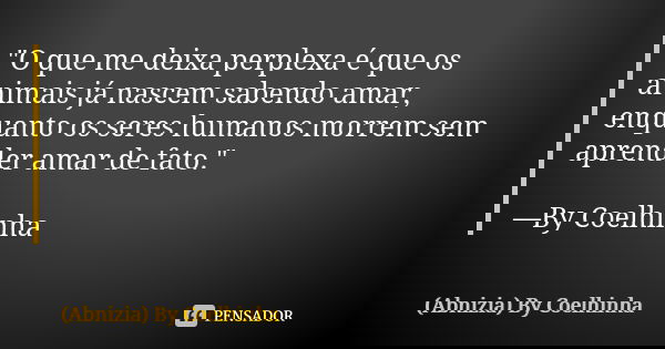 "O que me deixa perplexa é que os animais já nascem sabendo amar, enquanto os seres humanos morrem sem aprender amar de fato." —By Coelhinha... Frase de (Abnizia) By Coelhinha.