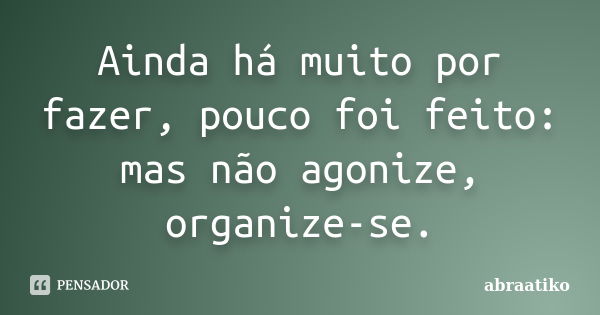 Ainda há muito por fazer, pouco foi feito: mas não agonize, organize-se.... Frase de abraatiko.