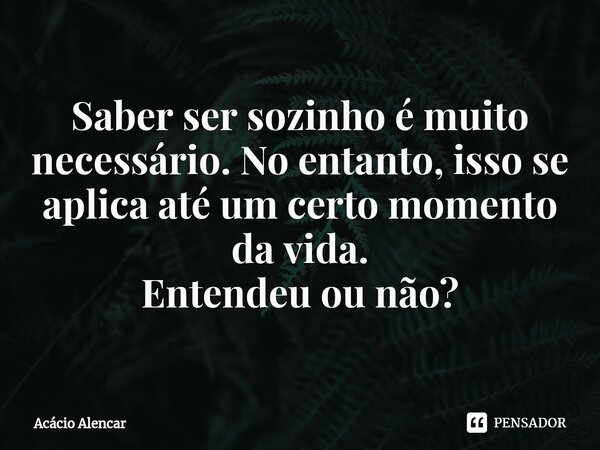 ⁠Saber ser sozinho é muito necessário. No entanto, isso se aplica até um certo momento da vida. Entendeu ou não?... Frase de Acacio Alencar.