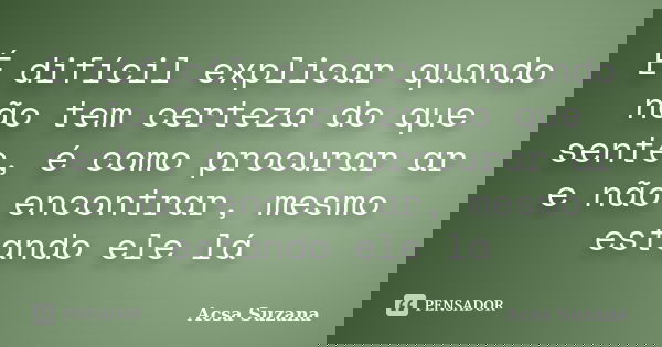 É difícil explicar quando não tem certeza do que sente, é como procurar ar e não encontrar, mesmo estando ele lá... Frase de Acsa Suzana.
