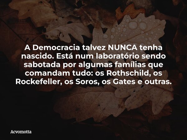 A Democracia talvez NUNCA tenha nascido. Está num laboratório sendo sabotada por algumas famílias que comandam tudo: os Rothschild, os Rockefeller, os Soros, os... Frase de acvomotta.