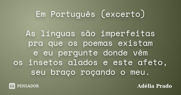 Em Português (excerto) As línguas são imperfeitas pra que os poemas existam e eu pergunte donde vêm os insetos alados e este afeto, seu braço roçando o meu.... Frase de Adélia Prado.