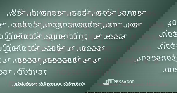 Nós humanos nada mais somos que robots programados por uma inteligência superior, e essa inteligência sabe o nosso presente,o nosso passado e o nosso futuro.... Frase de adelmar marques marinho.