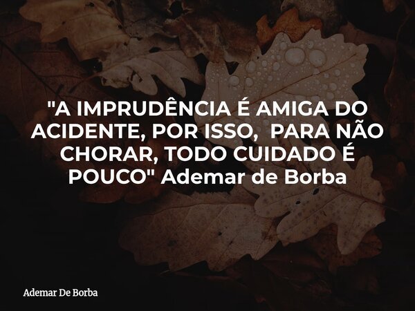 "A IMPRUDÊNCIA É AMIGA DO ACIDENTE, POR ISSO, PARA NÃO CHORAR, TODO CUIDADO É POUCO" Ademar de Borba... Frase de Ademar De Borba.