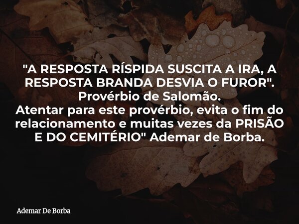 "A RESPOSTA RÍSPIDA SUSCITA A IRA, A RESPOSTA BRANDA DESVIA O FUROR". Provérbio de Salomão. Atentar para este provérbio, evita o fim do relacionamento... Frase de Ademar De Borba.