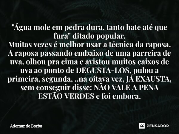 ⁠"Água mole em pedra dura, tanto bate até que fura" ditado popular. Muitas vezes é melhor usar a técnica da raposa. A raposa passando embaixo de uma p... Frase de Ademar de Borba.