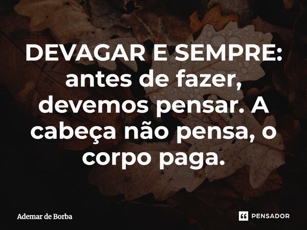 ⁠DEVAGAR E SEMPRE: antes de fazer, devemos pensar. A cabeça não pensa, o corpo paga.... Frase de Ademar de Borba.