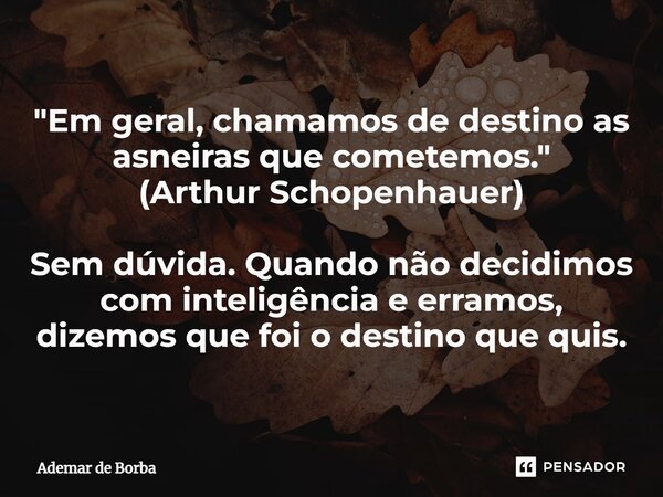 ⁠"Em geral, chamamos de destino as asneiras que cometemos." (Arthur Schopenhauer) Sem dúvida. Quando não decidimos com inteligência e erramos, dizemos... Frase de Ademar de Borba.