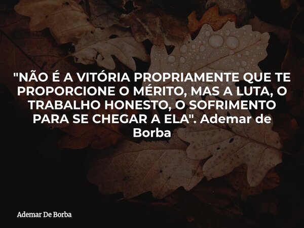 "NÃO É A VITÓRIA PROPRIAMENTE QUE TE PROPORCIONE O MÉRITO, MAS A LUTA, O TRABALHO HONESTO, O SOFRIMENTO PARA SE CHEGAR A ELA". Ademar de Borba... Frase de Ademar De Borba.
