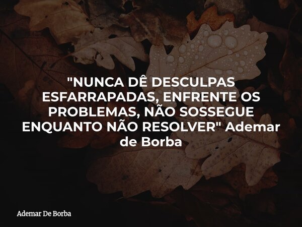 "NUNCA DÊ DESCULPAS ESFARRAPADAS, ENFRENTE OS PROBLEMAS, NÃO SOSSEGUE ENQUANTO NÃO RESOLVER" Ademar de Borba... Frase de Ademar De Borba.