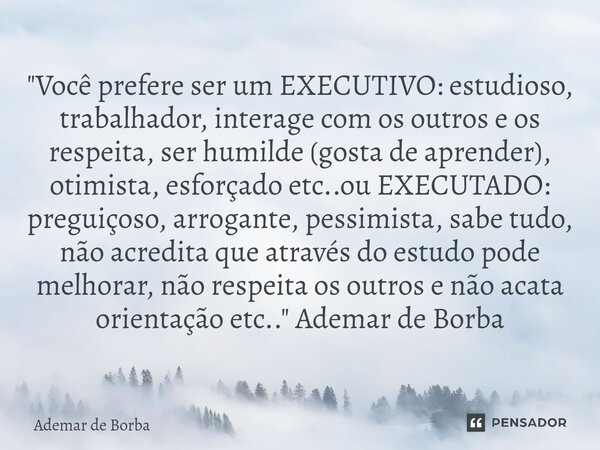 ⁠"Você prefere ser um EXECUTIVO: estudioso, trabalhador, interage com os outros e os respeita, ser humilde (gosta de aprender), otimista, esforçado etc..ou... Frase de Ademar de Borba.