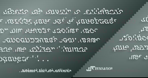 Gosto de ouvir o silêncio da noite,que só é quebrado por um vento calmo nas folhas sussurrando seu nome que parece me dizer''nunca me esqueça''...... Frase de Ademir luiz de oliveira.
