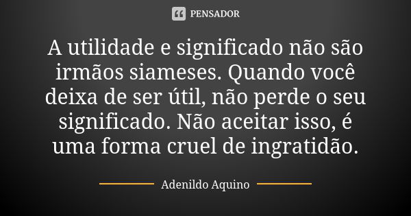 A utilidade e significado não são irmãos siameses. Quando você deixa de ser útil, não perde o seu significado. Não aceitar isso, é uma forma cruel de ingratidão... Frase de Adenildo Aquino.