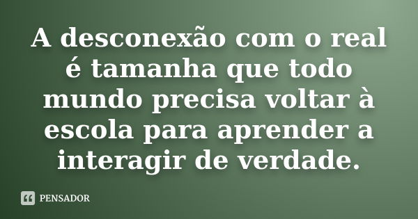 A desconexão com o real é tamanha que todo mundo precisa voltar à escola para aprender a interagir de verdade.