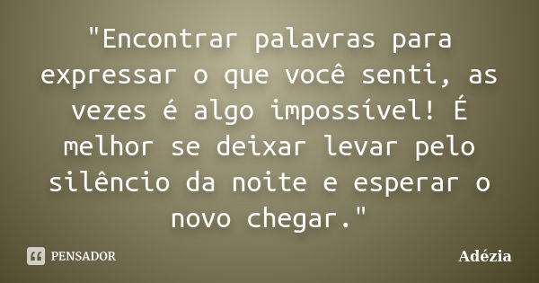 "Encontrar palavras para expressar o que você senti, as vezes é algo impossível! É melhor se deixar levar pelo silêncio da noite e esperar o novo chegar.&q... Frase de Adézia.