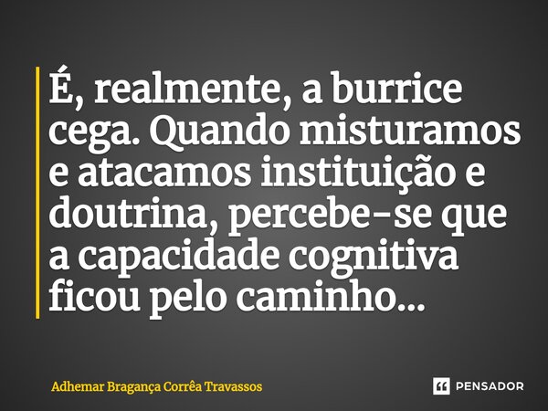 ⁠É, realmente, a burrice cega. Quando misturamos e atacamos instituição e doutrina, percebe-se que a capacidade cognitiva ficou pelo caminho…... Frase de Adhemar Bragança Corrêa Travassos.