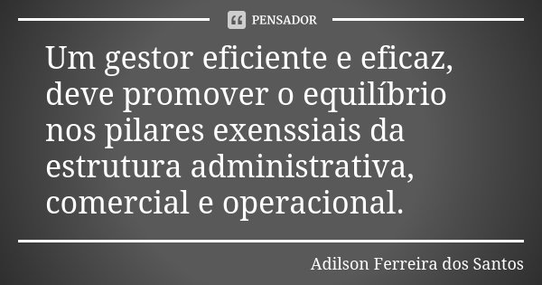 Um gestor eficiente e eficaz, deve promover o equilíbrio nos pilares exenssiais da estrutura administrativa, comercial e operacional.... Frase de Adilson Ferreira dos Santos.