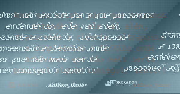 Amor não existe para que possamos entendê-lo, ele vai além, transcende a ciência, ultrapassa a compreensão e termina onde achávamos que não mais seria possível ... Frase de Adilson Junior.