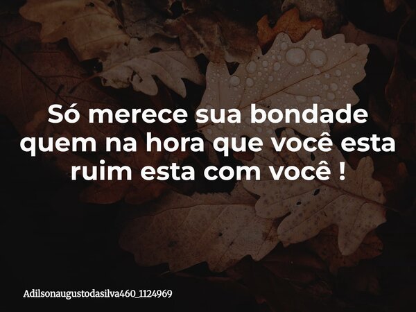 Só merece sua bondade quem na hora que você esta ruim esta com você !... Frase de adilsonaugustodasilva460_1124969.