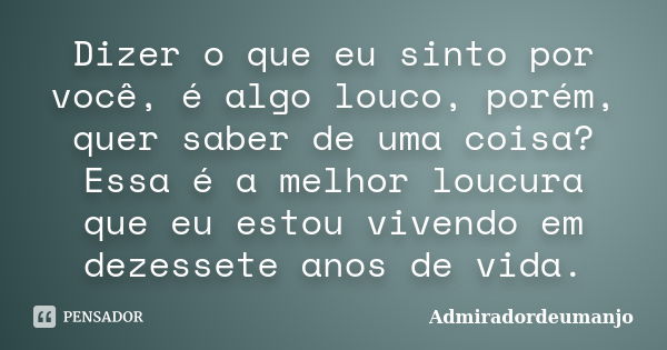 Dizer o que eu sinto por você, é algo louco, porém, quer saber de uma coisa? Essa é a melhor loucura que eu estou vivendo em dezessete anos de vida.... Frase de Admiradordeumanjo.