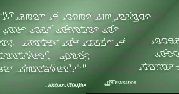 "O amor é como um pingo que cai dentro do oceano, antes de cair é destrutível, após, torna-se imutável!"... Frase de Adnan Fhelipe.