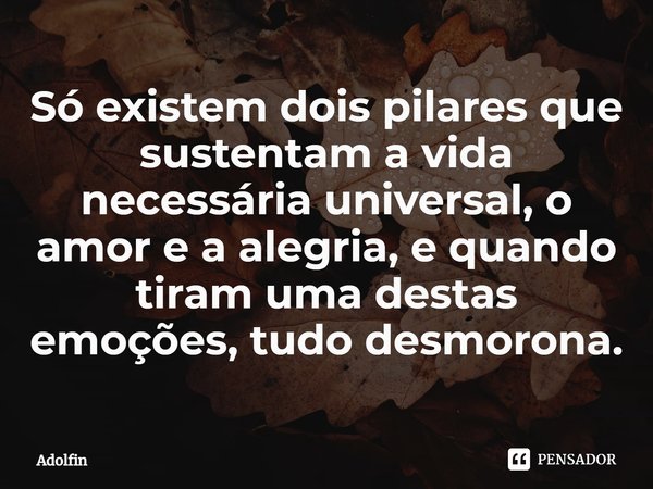 ⁠Só existem dois pilares que sustentam a vida necessária universal, o amor e a alegria, e quando tiram uma destas emoções, tudo desmorona.... Frase de Adolfin.