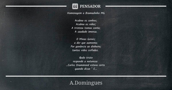 Homenagem a Brumadinho MG Acabou os sonhos; Acabou as vidas; A tristeza tomou conta; A saudade imensa. O Minas Gerais; a dor que aumenta; Por ganância ao dinhei... Frase de A.Domingues.