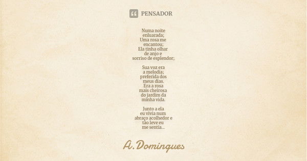 Numa noite enluarada; Uma rosa me encantou; Ela tinha olhar de anjo e sorriso de esplendor; Sua voz era a melodia; preferida dos meus dias. Era a rosa mais chei... Frase de A.Domingues.