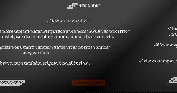 O amor é uma flor: Nunca disse que me ama, nem precisa ora essa. Só de ver o sorriso na constelação dos teus olhos, minha alma a ti, se conecta. Não vamos grita... Frase de A.Domingues.