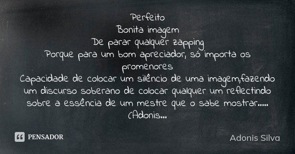 Perfeito Bonita imagem De parar qualquer zapping Porque para um bom apreciador, só importa os promenores Capacidade de colocar um silêncio de uma imagem,fazendo... Frase de Adonis Silva.