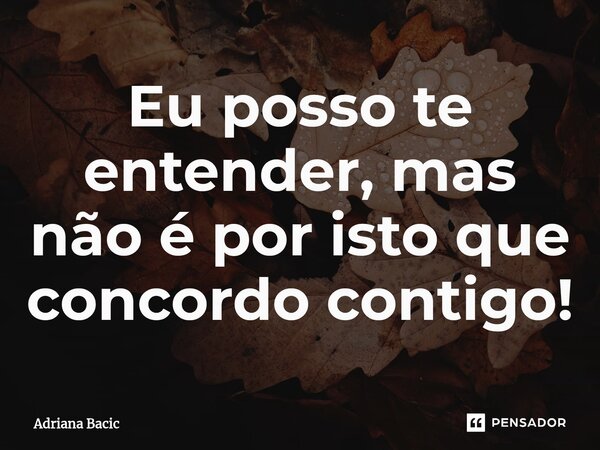 ⁠Eu posso te entender, mas não é por isto que concordo contigo!... Frase de Adriana Bacic.
