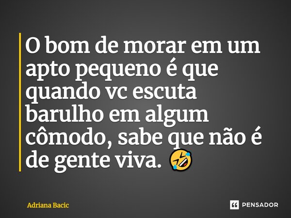 ⁠O bom de morar em um apto pequeno é que quando vc escuta barulho em algum cômodo, sabe que não é de gente viva. 🤣... Frase de Adriana Bacic.