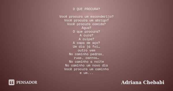 O QUE PROCURA? Você procura um esconderijo? Você procura um abrigo? Você procura comida? Água? O que procura? A cura? A culpa? A capa de aço? Um dia já foi… out... Frase de Adriana Chebabi.