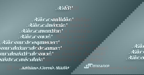 NÃO! Não a solidão! Não a inércia! Não a mentira! Não a você! Não vou te esquecer! Não vou deixar de te amar! Não vou desistir de você! Não resisto a nós dois!... Frase de Adriana Corrêa Mallet.