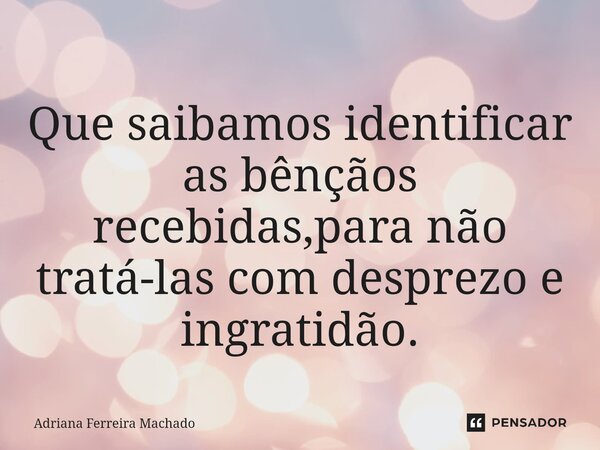 ⁠Que saibamos identificar as bênçãos recebidas,para não tratá-las com desprezo e ingratidão.... Frase de Adriana Ferreira Machado.