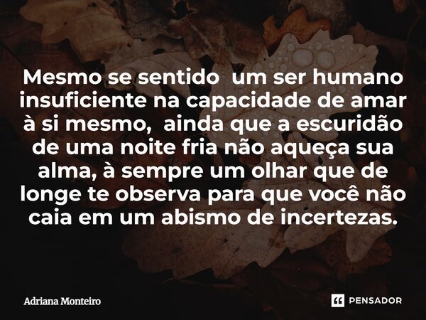 Mesmo se sentido um ser humano insuficiente na capacidade de amar à si mesmo, ainda que a escuridão de uma noite fria não aqueça sua alma, à sempre um olhar qu... Frase de Adriana Monteiro.