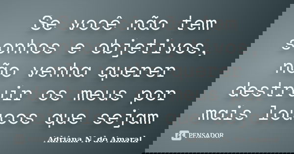 Se você não tem sonhos e objetivos, não venha querer destruir os meus por mais loucos que sejam... Frase de Adriana N. do Amaral.
