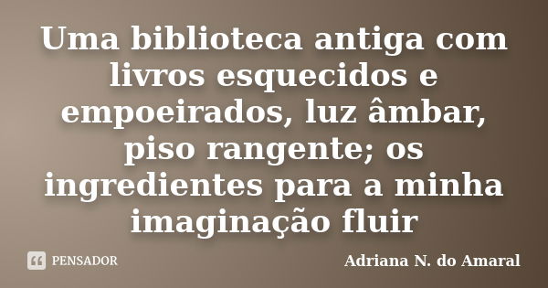 Uma biblioteca antiga com livros esquecidos e empoeirados, luz âmbar, piso rangente; os ingredientes para a minha imaginação fluir... Frase de Adriana N. do Amaral.