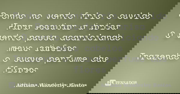 Ponho no vento frio o ouvido Para escutar a brisa O vento passa acariciando meus cabelos Trazendo o suave perfume das flores... Frase de Adriana Wanderley Bastos.