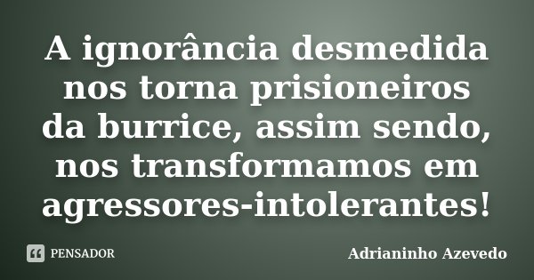 A ignorância desmedida nos torna prisioneiros da burrice, assim sendo, nos transformamos em agressores-intolerantes!... Frase de Adrianinho Azevedo.